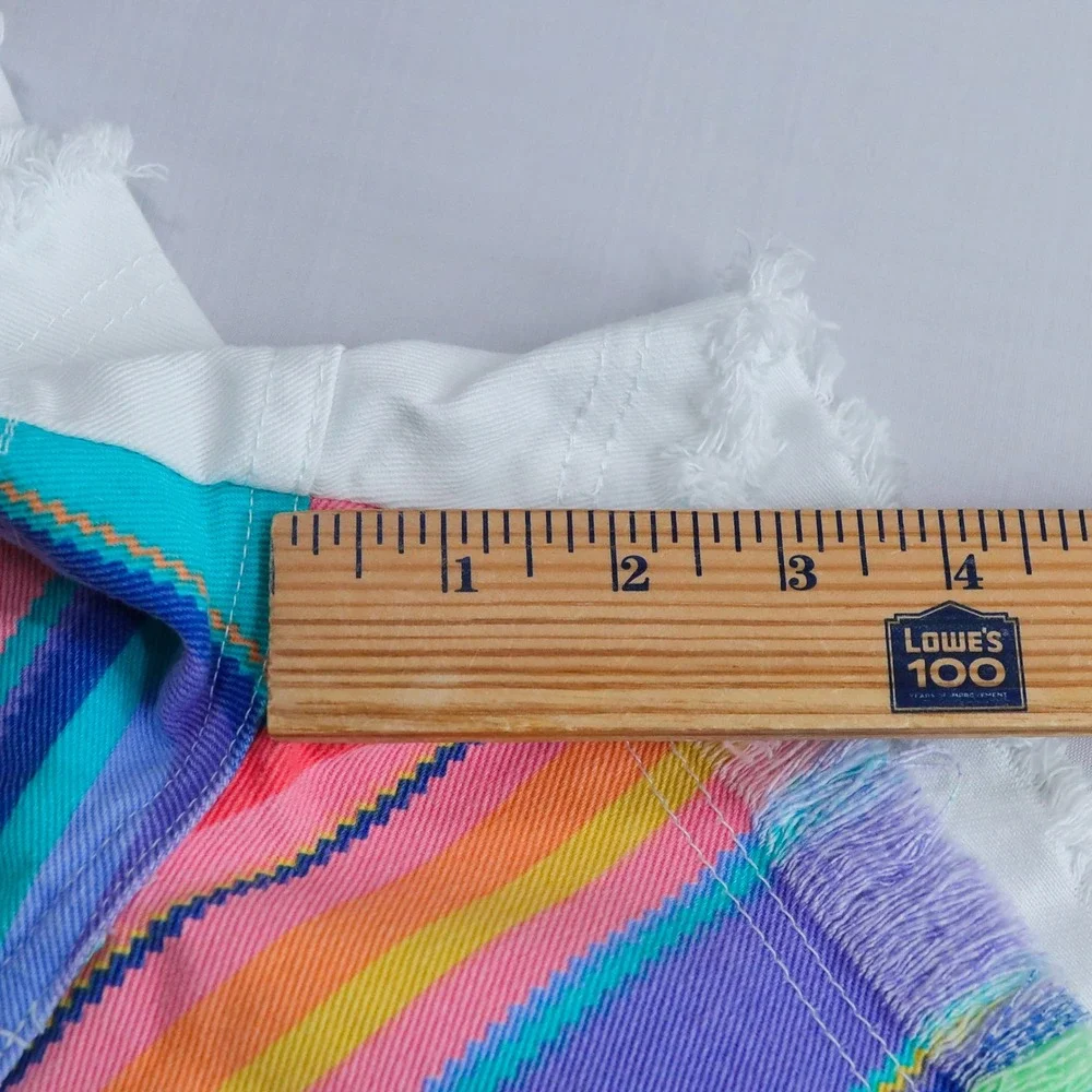 Vintage‎ 90s Steel Jeans Denim Shorts Womens 7 White Rainbow Stripe Fringe USA